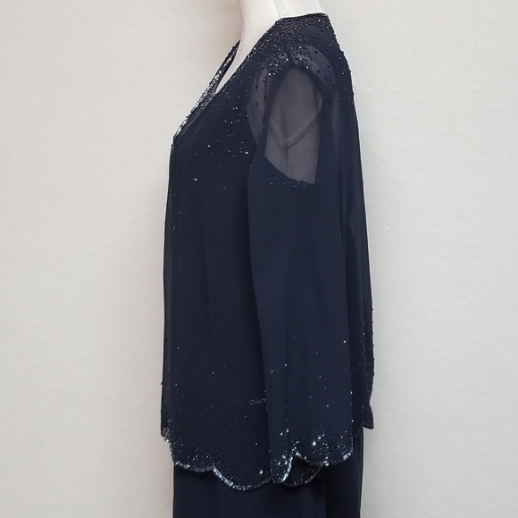 Vintage J Kara Navy Blue Chiffon Beaded Scalloped Maxi Dress Jacket Set 16 - Picture 7 of 16